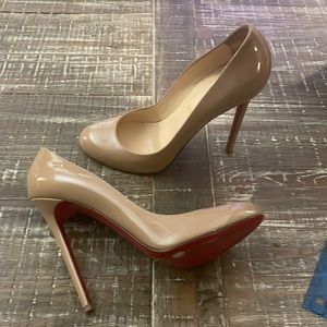 Christian Louboutin “Lady Lynch” 120 in taupe patent.